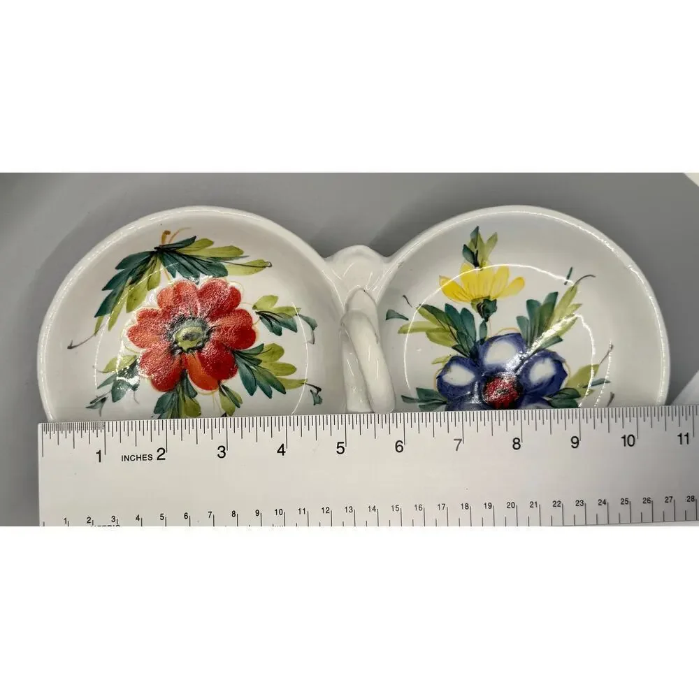 Vintage Beautiful Hand Painted Divided Dish Floral Handle Made In Italy Spring